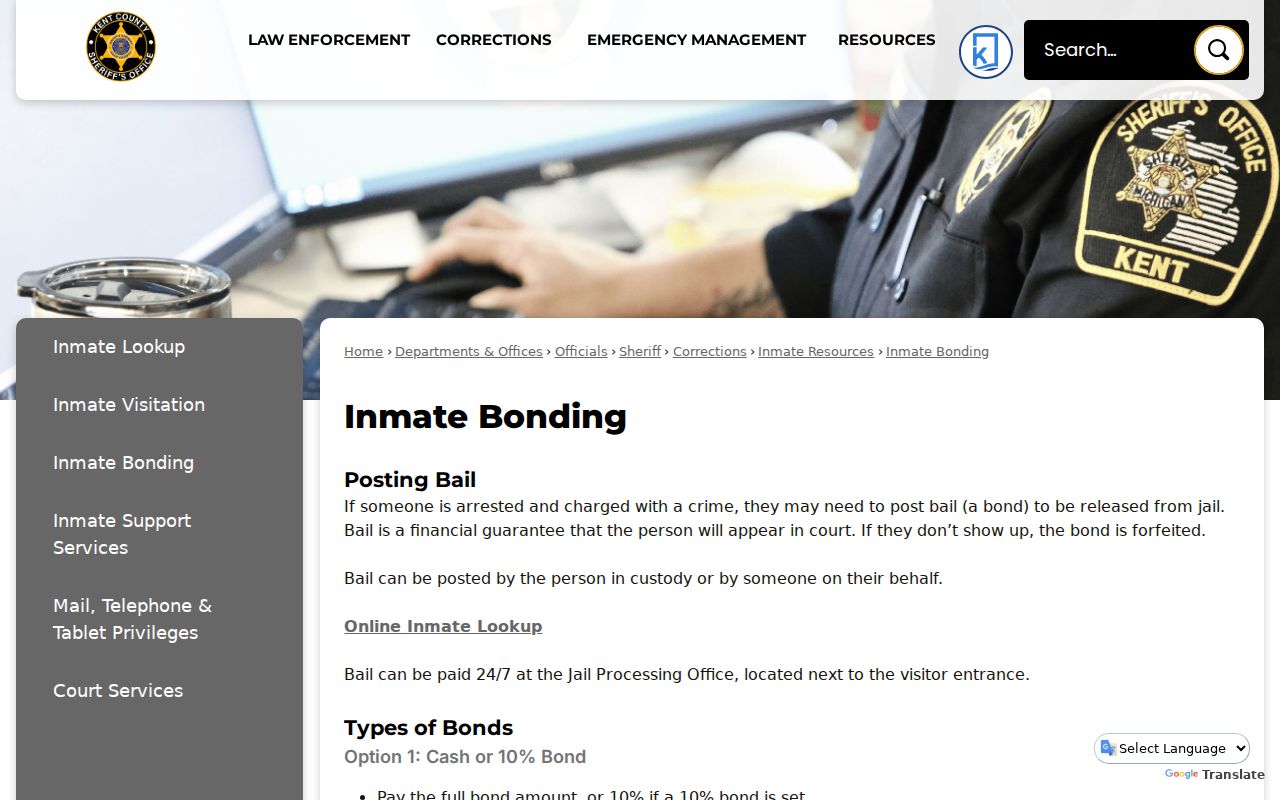 Kent County jail processing window and bond payment options for Kent County warrant cases