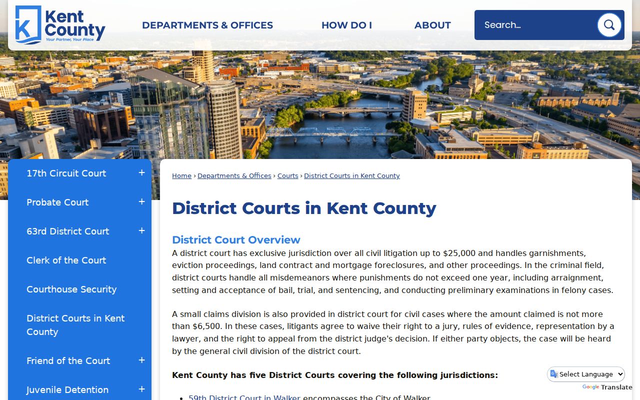 Kent County six district court map used for a Kent County warrant lookup