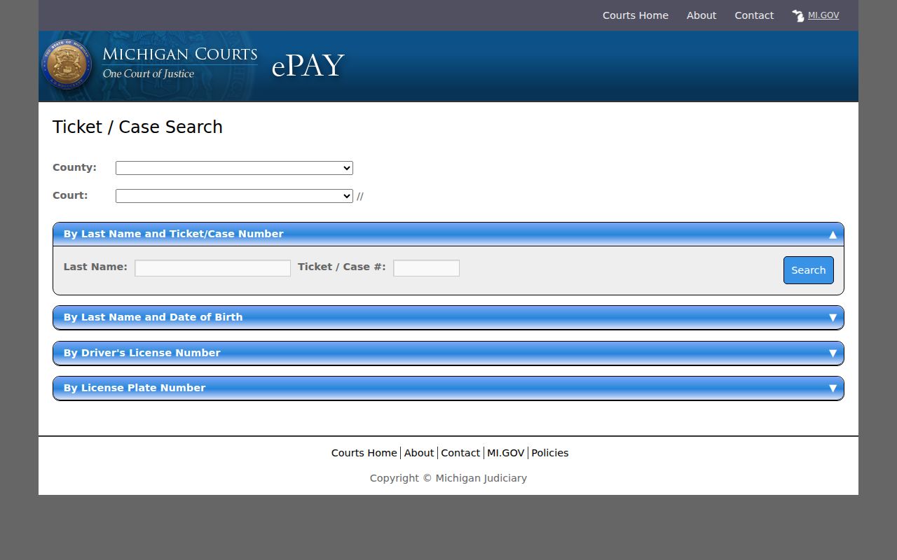 Michigan ePAY traffic ticket search fields for Kent County traffic warrant checks