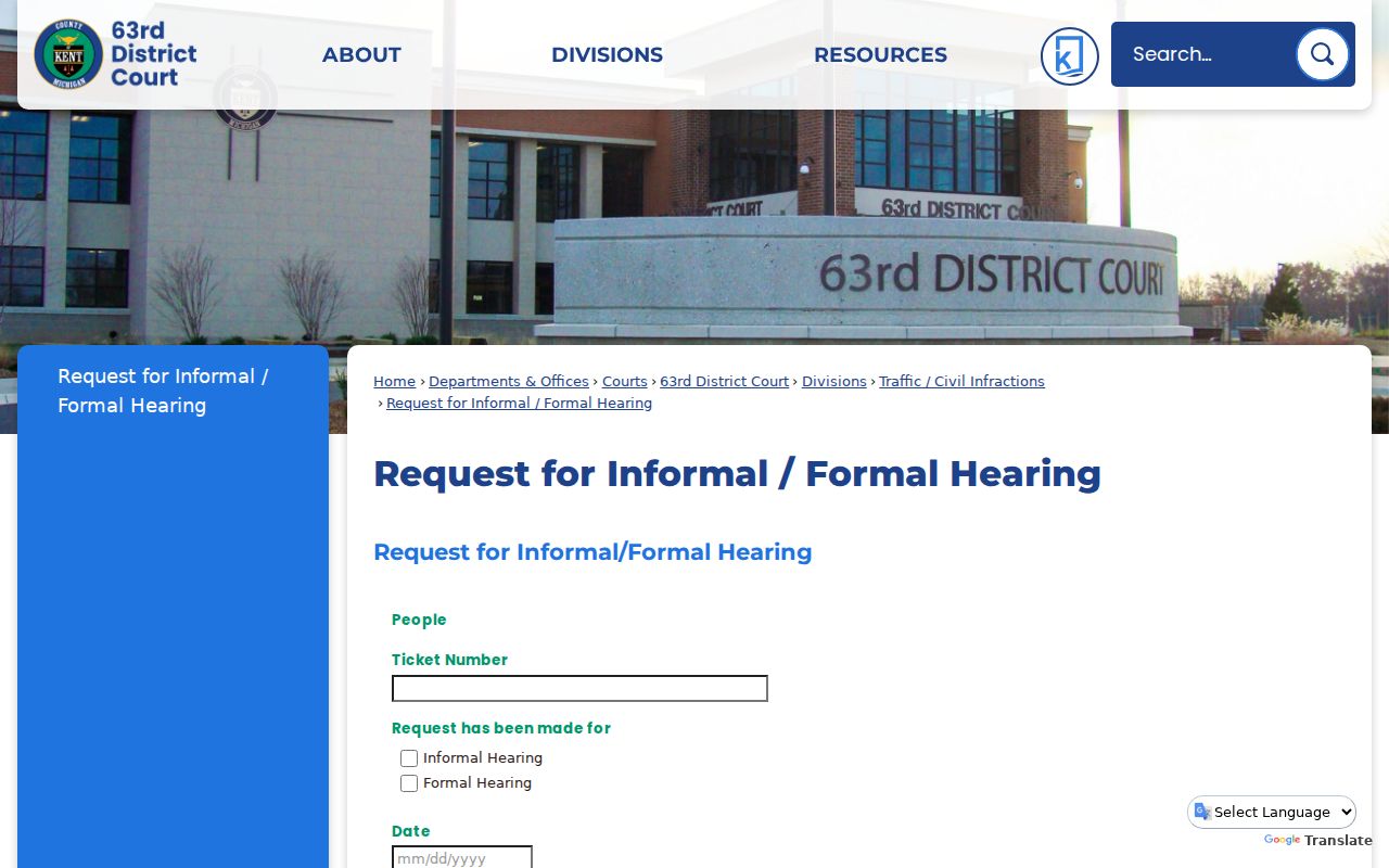 Traffic ticket and hearing request form used for Kent County traffic warrant matters