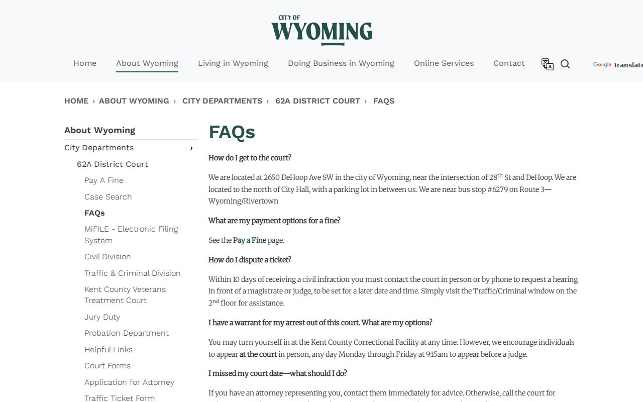 Wyoming court FAQ describing warrant options for Wyoming warrant records