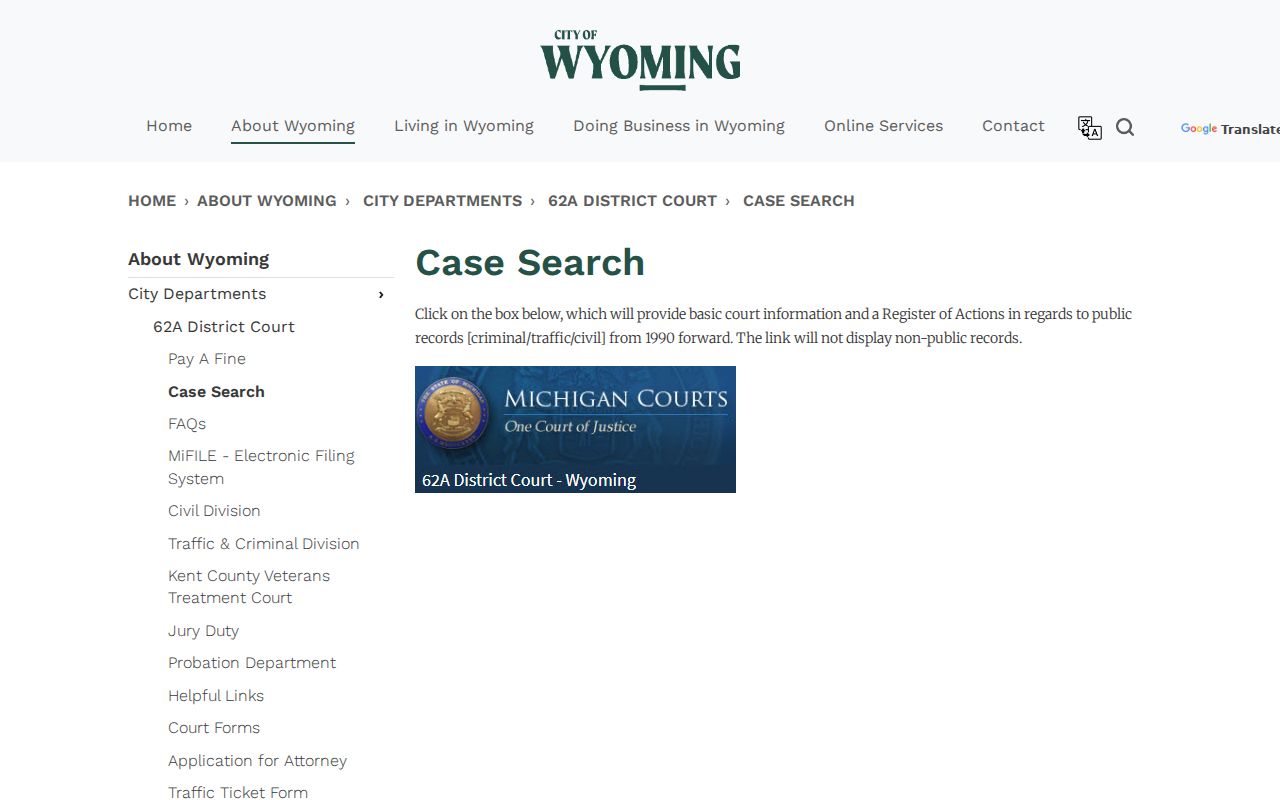 Wyoming 62-A public case search used for Kent County municipal warrant records