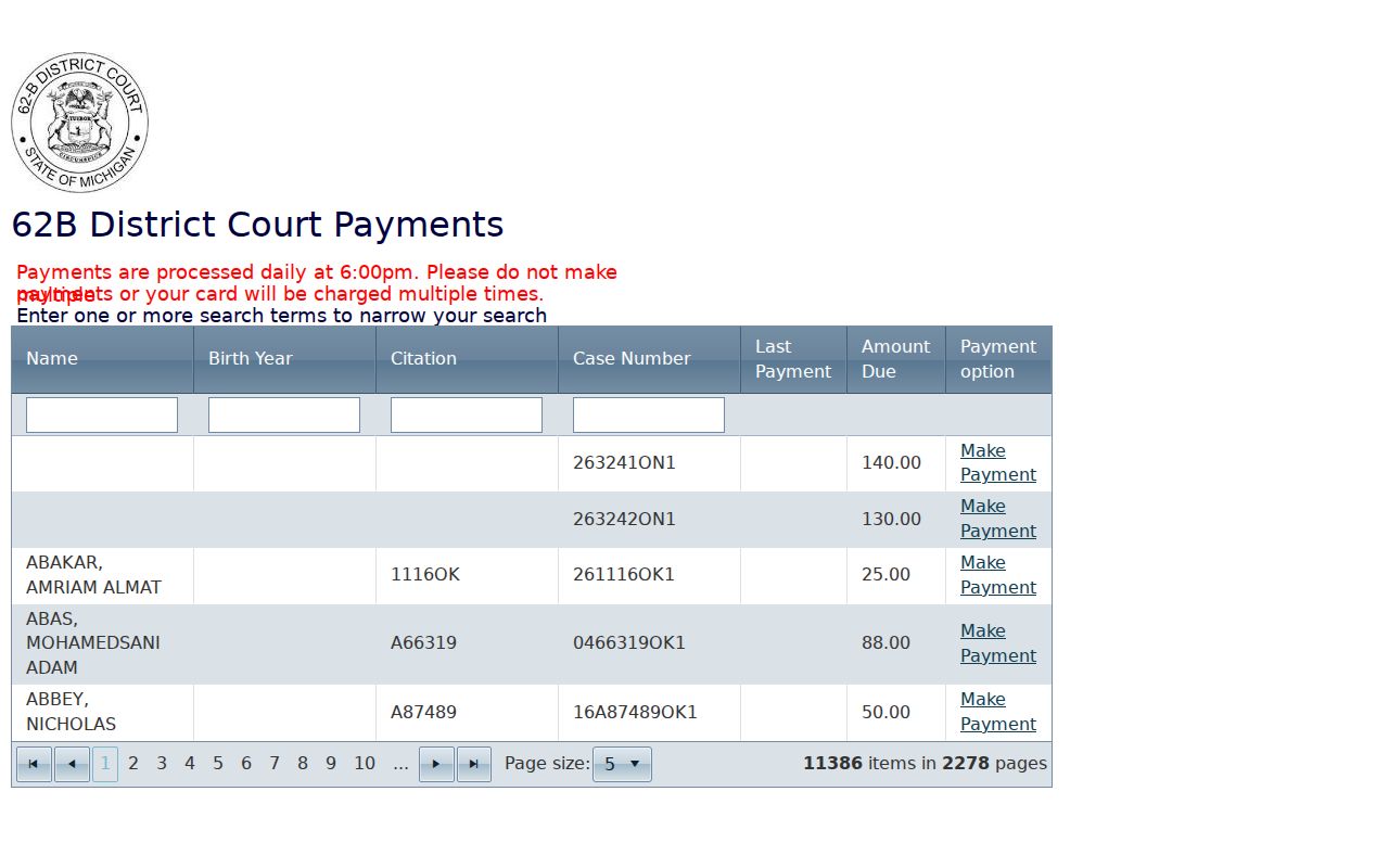 Kentwood 62-B payment grid used for Kent County municipal warrant balances