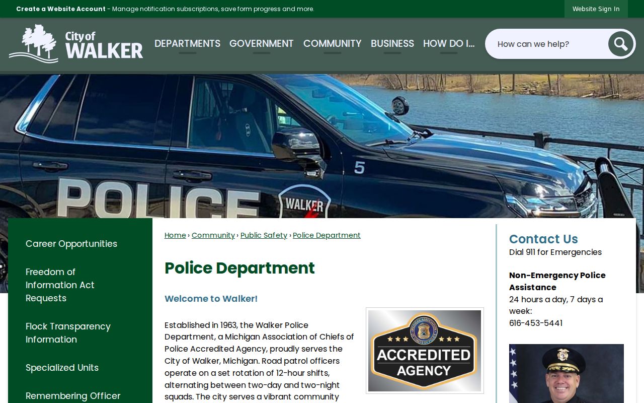 Walker Police Department contact page showing non-emergency and records channels for Walker warrant questions