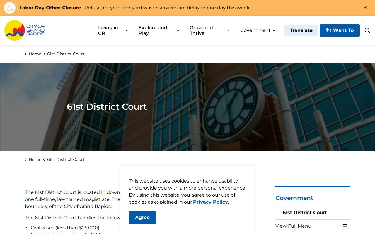 61st District Court building used for Grand Rapids warrant records and case confirmations