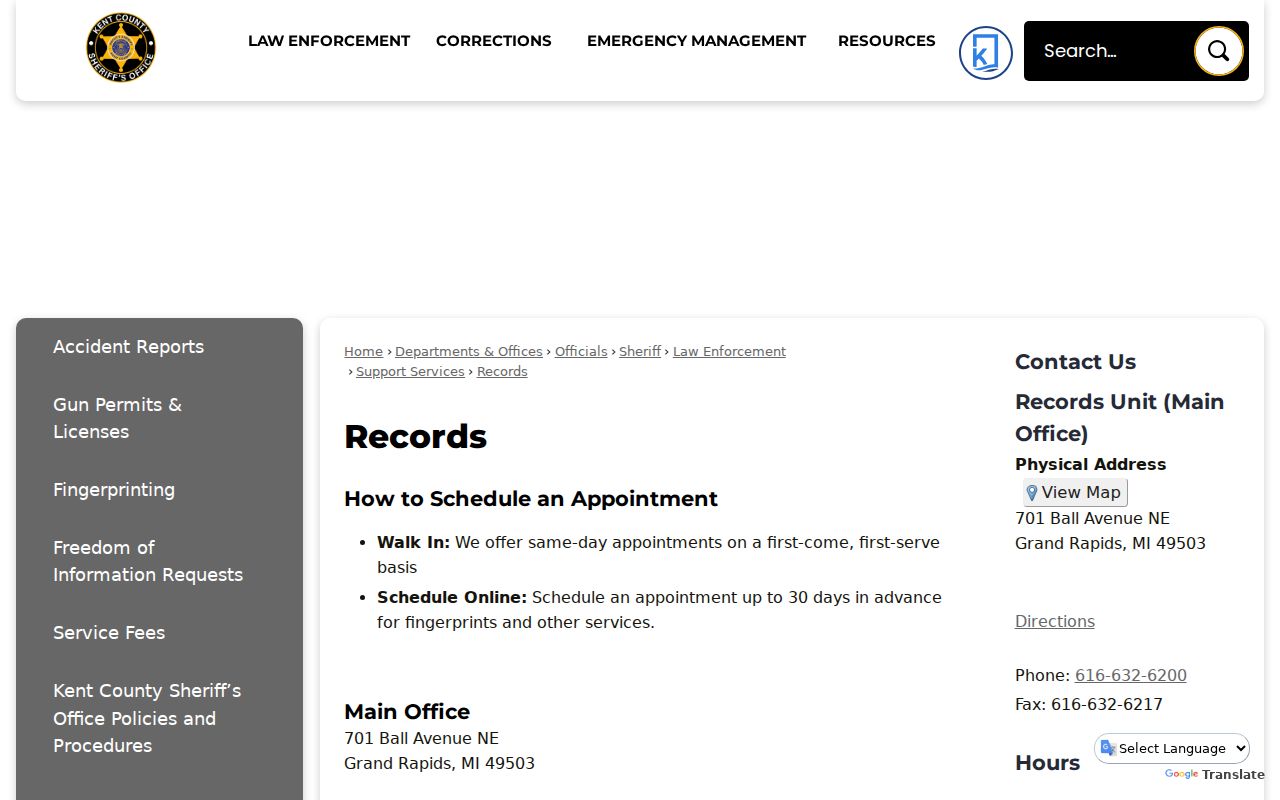 Kent County Sheriff records division contact block for Kent County warrant records